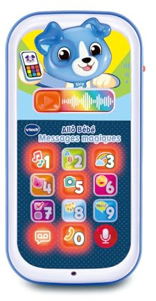 VTech - Allô Bébé Messages Magiques Bleu, Premier Téléphone Interactif, Parlant et Musical avec Enregistreur Vocal, Changeur de Voix et Effets Lumineux, Cadeau Bébé Dès 9 Mois - Contenu en Français