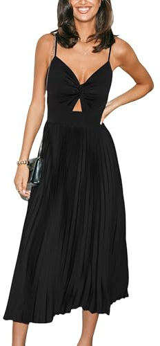 CUPSHE Midi Dress for Women 2025 Party Sleeveless Pleated Cutout Spaghetti Straps Cocktail Dress Black, XL