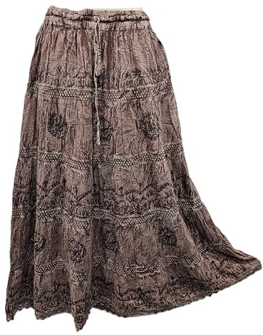 Doorwaytofashion Womens Cotton Maxi Skirt Bohemian Embroidered Fully Lined Adjustable Elasticated Waist Coffee