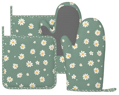 Juego de 4 manoplas de horno y soportes para ollas, diseño de margaritas, color verde, de silicona, guantes largos resistentes al calor, agarre antideslizante para cocinar, hornear, asar a la parrilla