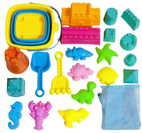 28 Pezzi Giochi Spiaggia Bambini, Set di Giocattoli da Spiaggia, con Secchiello Pieghevole Spiaggia, Formine Giocattoli di Sabbia, Veicolo di Ingegneria, Sacchetto di Spago, Ragazzi Ragazze 3-6 Anno