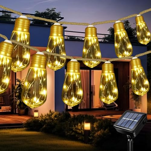 Acxilexy Guirnalda Luces Exterior, 6.5M 80LEDs Cadena de Luces con 10 Bombillas Inastillables, Impermeable 8 Modos Cuerda de Cáñamo Luces Solares para Navidad Jardín Balcón Fiesta Boda
