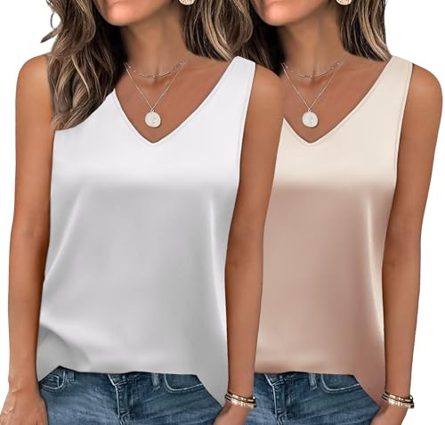 Zeagoo Pack de 2 camisetas de satén para mujer, elegante, básica, cuello en V, camisetas de verano, camisetas de satén, tallas XS-XXL