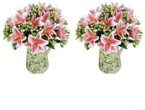 Ramo de lirios artificiales de 9 cabezas para decoración del hogar, flores de seda con aspecto realista y uso de mantenimiento (rosa)