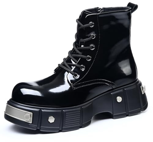 Generico Uomo Pelle Verniciata Stivali Corti con Cerniera Laterale Tacco Grosso Plateau Stivali Biker Allacciare Stile Punk,Black Single Lining,38.5 EU