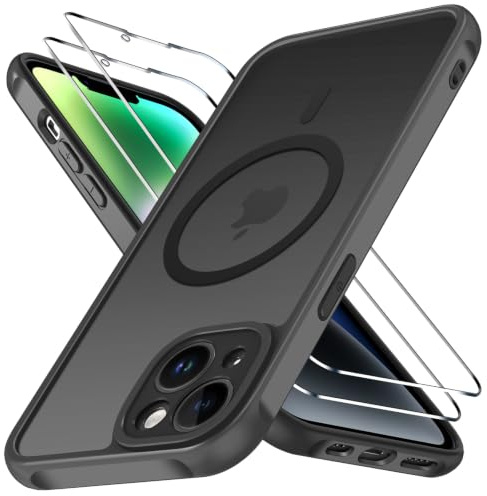ivoler Funda Magnética para iPhone 14 con 2 Piezas Cristal Templado, Compatible con MagSafe, [Protección Militar] Protectora Antiarañazos Translúcida Mate Silicona Case, Negro