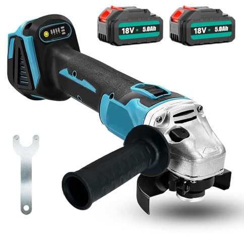 Juego de amoladora angular con batería con 2 baterías de 18 V 5000 mAh y cargador, soporte de disco de 125 mm, motor sin escobillas, potencia de 900 W, 3000 – 10.000 rpm, ideal para metal, piedra