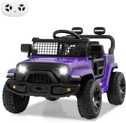 GYMAX Kids Ride on Car, 12V Battery Powered Toy Car with Remote Control, Lights, Music, Horn and Slow Start, Children Electric Off Road Truck for 3 Years Old+ (Purple)