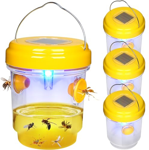 Wasp Traps Outdoor Hanging, Solar Bee Trap 4 Packs, 2026 Upgrade Yellow Jacket Trap, Carpenter Bee Traps for Outside, Flying Insect Trap Reusable Hornet Catcher with LED Light