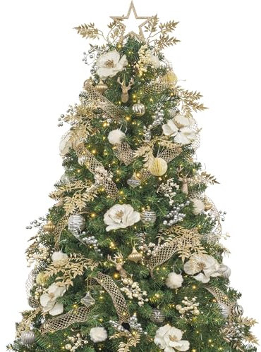 Busybee 7ft Christmas Tree with Decorations and Lights Remote and Timer Champagne Christmas Tree Decorations Including Ornaments USB LED String Lights