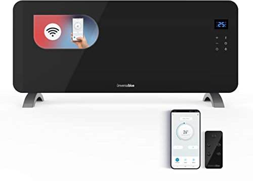 UNIVERSALBLUE Pannello riscaldante con WIFI | Riscaldatore in vetro temperato a basso consumo | Termostato regolabile | Telecomando | 2000 W | Colore Nero | 2 Potenze | Controllo touch | Display LED