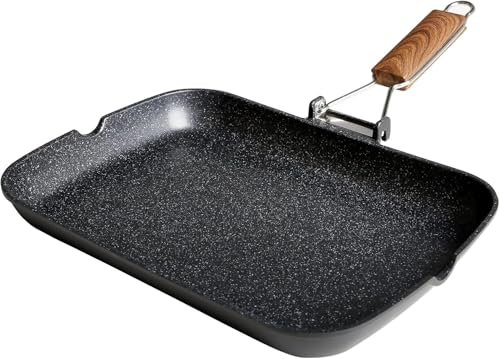 WECOOK! Ecochef Titanio Bistecchiera Liscia, Induzione, 34x24cm, Antiaderente QUANTANIUM Ecologico senza PFOA, Alluminio Fuso, 5mm di Spessore, Manico in Legno Pieghevole, Vitroceramica, Gas