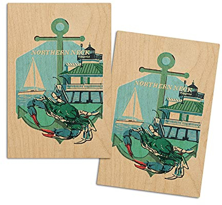 Northern Neck, Virigina, Woodblock, (4x6 Birch Wood Postcards, 2-Pack Stationary, Rustic Home Wall Decor)