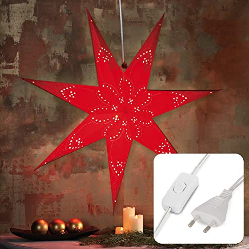 hellum Weihnachtsstern Innen, Stern Papierstern zum aufhängen mit E14 Lampenfassung, roter Stern Weihnachtsdeko Fenster mit 1,5m Netzkabel mit Schalter, Weihnachtsbeleuchtung innen, 576634