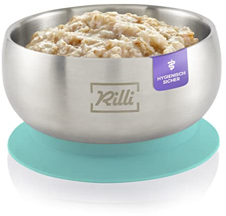 Rilli Saugnapf Schüssel | Obst- oder Breischale Baby | Edelstahl Schüssel mit Silikon Deckel | rutschfestes Baby Geschirr | Baby Saugnapf Geschirr (mint)