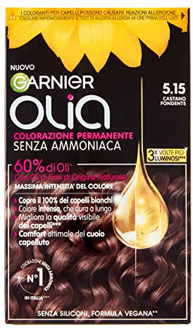 Garnier Olia Tinta Capelli, Colorazione Permanente Senza Ammoniaca, Fragranza Delicata, Copre il 100% dei Capelli Bianchi, Con Oli di Fiore di Origine Naturale, Formula Vegana, Castano Fondente