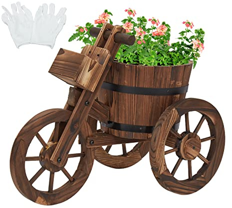 kinbor Outdoor Planter, Rustic Barrel Planter, Wood Wagon Tricycle Planters