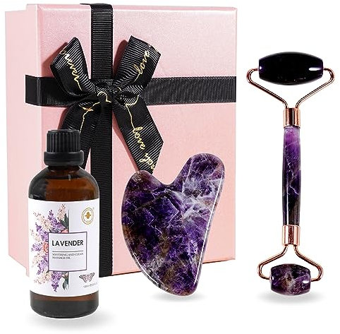 Soulnioi Amethyst Jade Roller und Herz Gua Sha Scraping Kit Gesichtsroller Hautpflege Werkzeug Schaben Massage Werkzeuge Kristall Haut Schaber Massage Set für Auge Hals Gesicht und Körper für Mädchen