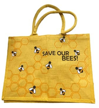 Fairtrade Jute Shopping/Beach/Picnic Bag - Resusable - Save Our Bees - Yellow - 42 cm