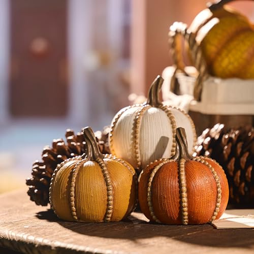 Valery Madelyn Fall Decorations for Home, Set of 3 Resin Fall Pumpkin Decor Indoor, Decorative Pumpkins Table Centerpieces Autumn Thanksgiving Halloween Decorations, 3.5 Inch