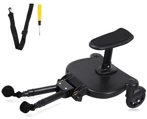 TRY-YEAN Buggy Board mit Sitz, Universal Kinderwagen Trittbrett Stehbrett mit 360° Zweirad, Tragfähigkeit 25KG, Abnehmbar Kinderwagensitz Kinderwagenzubehör für Kinder von 2-6 Jahren (Schwarz)