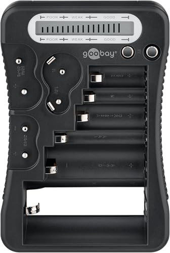 goobay - Comprobador de pilas con pantalla LCD, baterías recargables y pilas de botón, Probador de pilas LCD, tester de pilas y baterías recargables/AA, AAA, 9V, C, D, CR2032, 72511