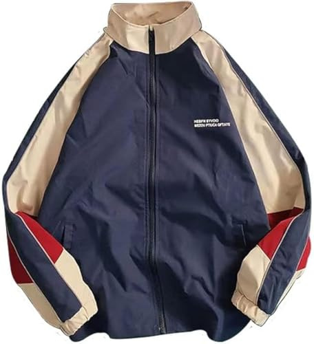 Pbkabiug Vintage Women Jackets Hip Hop Style Patchwork Windbreak Unisex Streetwear Lightweight Jackets Bomber Jackets (Blue red,XL,X-Large)