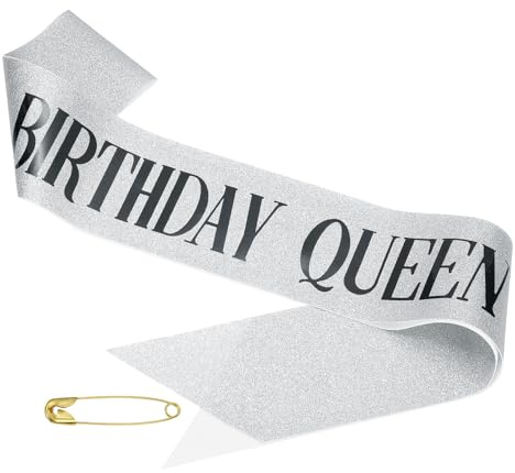 PATIKIL Écharpe d'Anniversaire pour Filles, Écharpe d'Anniversaire Pailletée pour Femmes, Écharpe de Satin de Reine pour Décorations de Fête avec Épingle de Sûreté, Argent