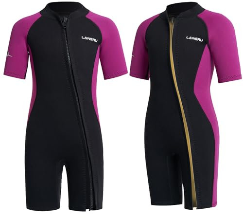 Lansru Neoprenanzug Kinder - 2,0 mm Kurz Neopren für Jungen, Pionierweiser Durchgehender Reißverschluss, UV-Schutz, Thermal Wetsuit für Surfen,Schwimmen und Tauchen
