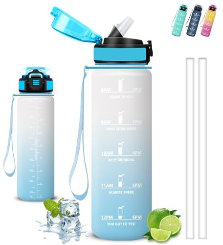 Gourde 1l, Gourde Sport, Anti Fuite, Gourdes Graduée pour 1 Journee, Facile à Transporter, Gourd Graduée, avec Slogan de Motivation, Bouteille avec Verrou de sécurité, pour Camping, Yoga, Randonnée