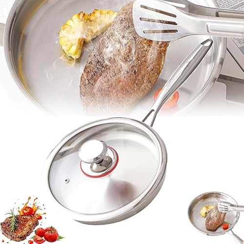 Edelstahlpfanne unbeschichtet Mit Deckel 28cm, Pfanne Edelstahl Unbeschichtet, Pfanne induktion, Antihaftbeschichtung, 316 Edelstahl, leichte Reinigung, langlebig, für alle Herdarten geeignet