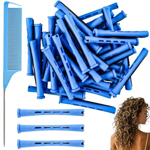 ​​​40PCS Perm Rods for Short Hair - Cold Wave Hair Curling Rollers with Steel Rat Tail Comb, Professional Hairdressing Styling Kit，Hair Curlers Blue Color