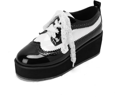 Femmes Bout Rond Cuir Verni Brogue Oxfords Lacer Vintage Chaussures De Robe Plateforme Talon Haut Chaussures De Bureau,Black White,41 EU