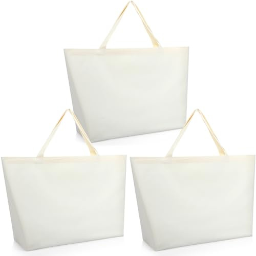 Epakh 3 Pcs Extra Large Canvas Tote Bag 28'' x 8'' x 16'' Reusable Big Canvas Grocery Bags with Handle Portable Foldable Shopping Tote for Shopping Travel Beach DIY Craft (Beige)