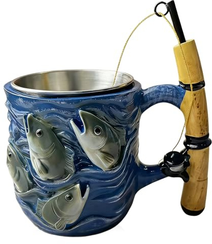 Fiskekopp: Fiskers-te-kaffe-keramisk kaffekopp, rolig fiskespö och rulldesign, fiskare-kopp, fiskekopp spöhandtag, presenter till sportfiskare, för choklad, te, vin, öl, fest