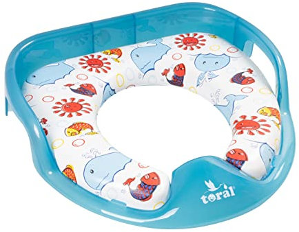 Asiento Reductor Acolchado con Asas para WC. Ayuda al aprendizaje de bebés y niños. Adaptador infantil portátil para váter MundiBebé +18 meses. Modelo Ballenas