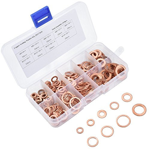 ASIV 200 Stück Kupferdichtringe Sortiment, M5-M14 Kupfer Flach Unterlegscheiben Sealing Ring Kupferringe Sortiment Set Kupfer Dichtringe (9 Größen)