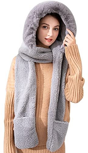 keyaway 3 in 1 Winter Hat Scarf Glove Set for Women, Warm Women Siamese Hooded Scarf Gloves Pocket Hat Long Shawl Wraps Coral Fleece (Grey)