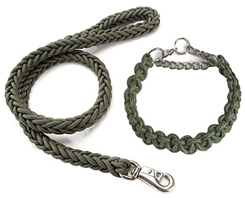Kabxhueo Strong Rope Dog Lead and Collar Set 4FT Durable Braided Dog Collars and Leads Set Nylon Rope Leashes with Heavy Duty Clips Slip Lead Collar with Metal Chain for Small Medium Large Dogs, Green