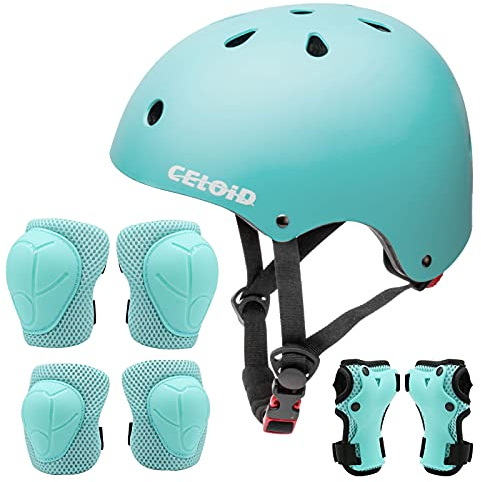 CELOID Kids Helmet Pad Set,Adjustable Kids Skateboard Bike Helmet Knee & Elbow Pads Wrist Guards 5-8 Years Kid Protective Gear Set for Girls Boys Bicycle Bike Roller Skating Scooter Rollerblade Sport
