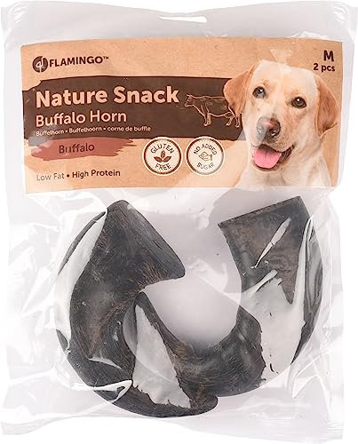 Flamingo Leckerli Hund – Natur Büffelhorn Medium – 360g – langlebiges Kauprodukt – naturbelassen – zahnpflegend