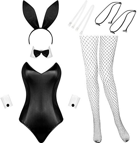 Geyoga Anime Women Bunny Costume Bunny Outfit Halloween Cosplay Bodysuit Role Costume Bunny Headband Stocking Set(X-Small,White and Black)
