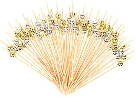 Bâtonnets Cocktail, 200pcs Bâtonnets Cocktail Bambou,Fruits Bâtons Bambou,Nourriture Signe de Fruits Cure-Dents Articles de Fête pour Gâteau Dessert Salade LégumeBrochette (OrPearl+Argent Pearl).