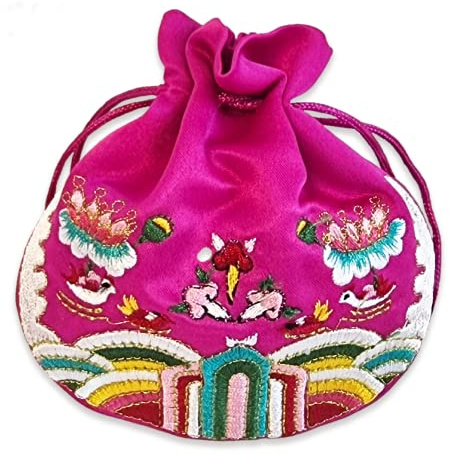 Seoulful Vintage Korean Embroidered Bokjumeoni - Traditional Lucky Pouch - Hanbok Fortune New Year & Chuseok Gift Bag (Pink)