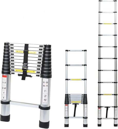 Lospitch 3,2m Escalera telescópica con 2 Ganchos extraíbles, Escalera de Aluminio Antideslizante Extensible multifunción, Escaleras de Uso múltiple, Carga máxima: 150 kg