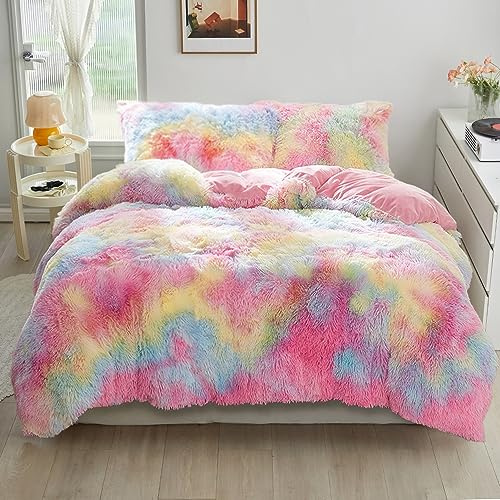 YASMENG Ropa de cama de felpa de invierno, 220 x 240 cm, arcoíris, multicolor, felpa larga, juego de ropa de cama de 3 piezas con cremallera y 2 fundas de almohada de 80 x 80 cm