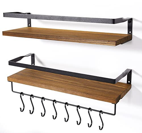AGM Floating Shelves Wall Mounted Shelf, Wooden Wall Shelves Racking Set of 2 for Bedroom, Bathroom, Living Room, Kitchen Storage w/ 1 Towel Bar and 8 S-Hooks, Max Load 33lbs