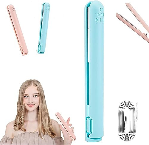 Lonnalee Mini Dual-Purpose Curling Iron, 2 in 1 Straightener and Curler, Portable USB Plug-in Small Ceramic Iron for Short and Long Hair, Blue