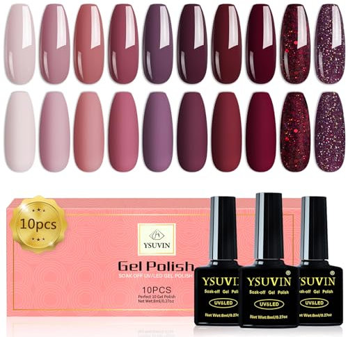 YSUVIN Esmalte de uñas semipermanente, 10 Colores Rojo Morado Burdeos Vino Tinto Cereza Marrón Brillante Pintauñas Gel Soak Off UV/LED Para Salón de arte de uñas, Navidad y San Valentín