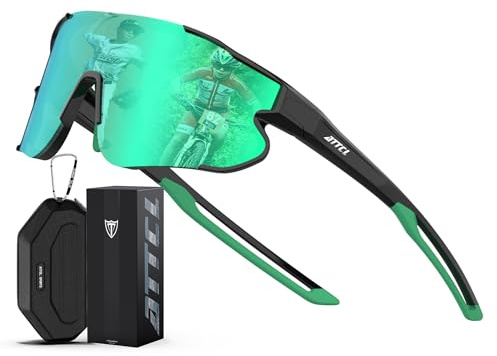 ATTCL XQ548 - Gafas de sol de béisbol para niños y adolescentes, ligeras, UV400, gafas de ciclismo para niños y niñas, Marco negro y lente verde., Medium